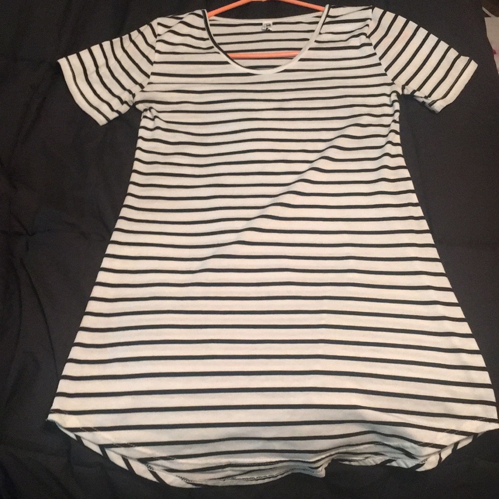 Black and white striped t-shirt style fitted dress